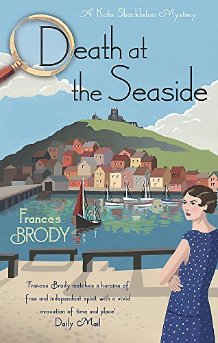 Book cover: seaside town illustration, magnifying glass, and woman in blue dress.