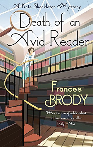 Book cover: woman on stairs in a library, magnifying glass above title.