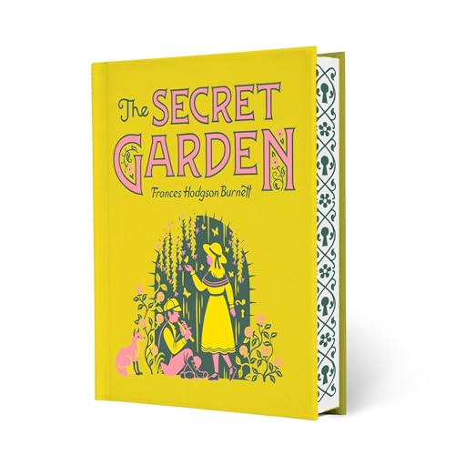 Yellow book cover, "The Secret Garden," with illustration of children in a garden.