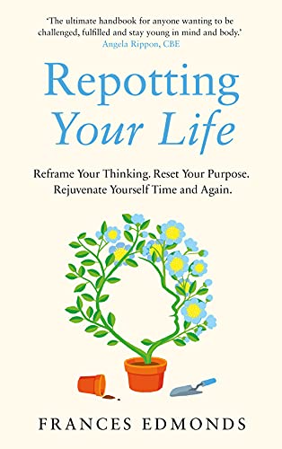 Book cover with blue title, plant in pot, and small gardening tools.