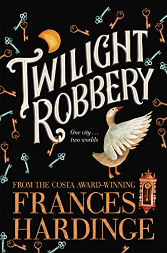 Book cover of Twilight Robbery featuring a goose, a crescent moon, and floating keys.