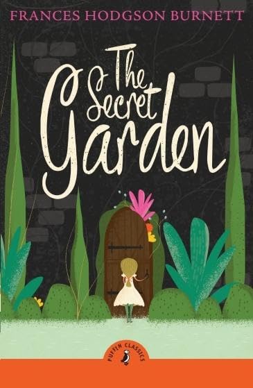 Book cover: “The Secret Garden” with a girl before a garden door.