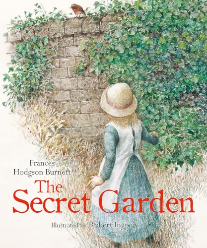 A girl in a straw hat stands before an ivy-covered stone wall with a robin.