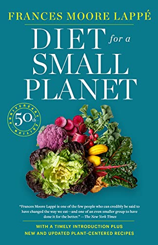 Book cover: "Diet for a Small Planet" with vegetables and text.