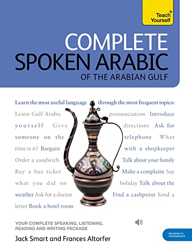 Book cover: "Complete Spoken Arabic (of the Arabian Gulf)" with teapot image.
