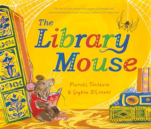 Book cover: a small mouse reading beneath a large stack of books.