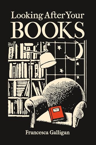 Book cover with illustration of armchair, lamp, bookshelf, and open book.