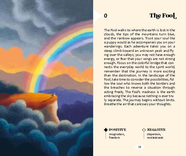 Tarot card depicting a figure with a colorful rainbow and cloudy landscape.