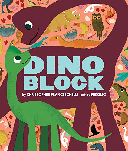 Book cover with colorful dinosaurs and other animals, titled "Dino Block".