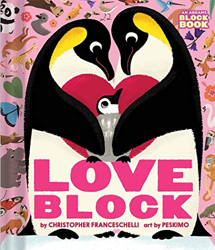 Book cover with two adult penguins and a chick, heart-shaped space.