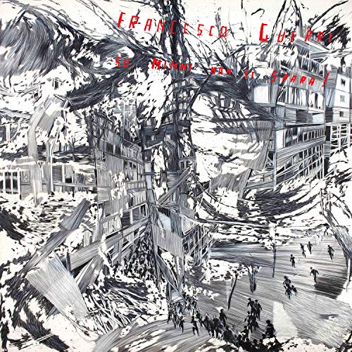 Black and white abstract illustration of a city with red text.