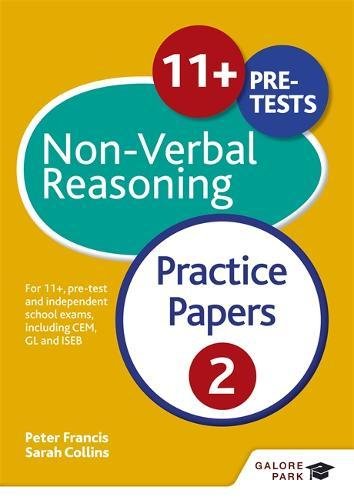 Book cover for "11+ Non-Verbal Reasoning Practice Papers 2" with colorful circles.
