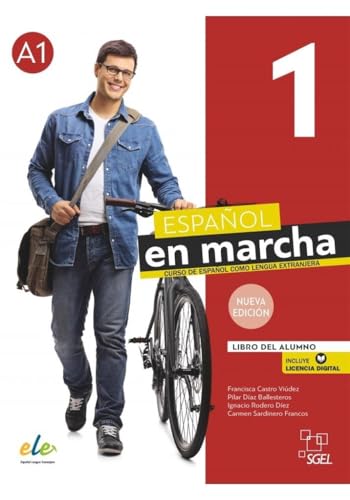 Textbook cover showing a man with a bicycle and the title Espanol en marcha 1.