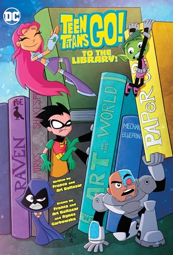 TeenCyborg, Beast Boy, Starfire, Robin, andS Raven posingBC and giant books on aC book cover.