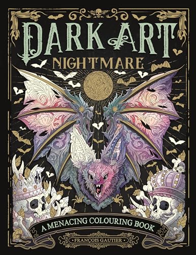 Colouring book cover with a detailed bat-like creature and skulls.