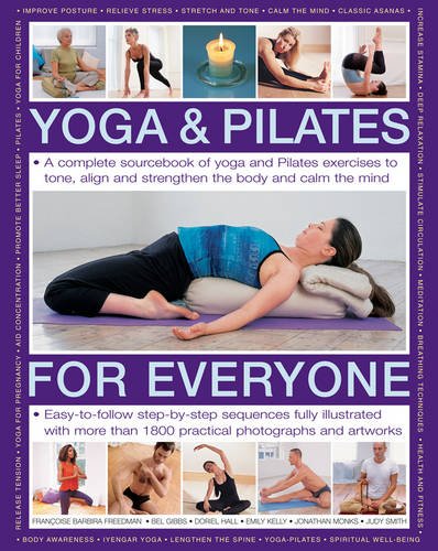 Book cover featuring people in yoga and pilates poses, titled “Yoga & Pilates for Everyone.”