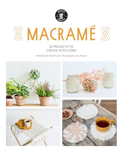 Book cover titled Macramé featuring photos of various cord crafts like plant hangers and coasters.