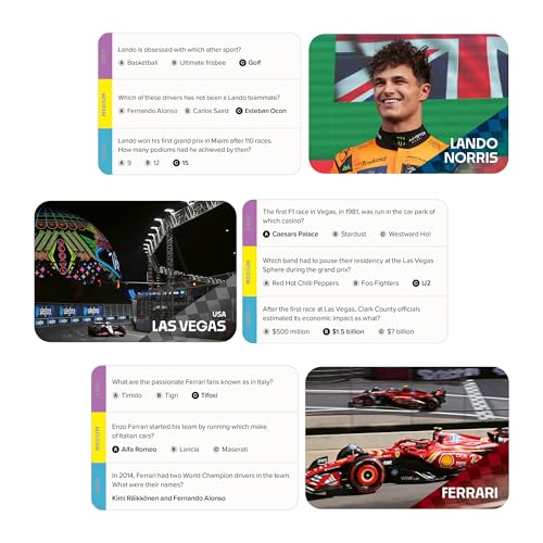 Formula One trivia game cards featuring drivers, tracks, and team questions.