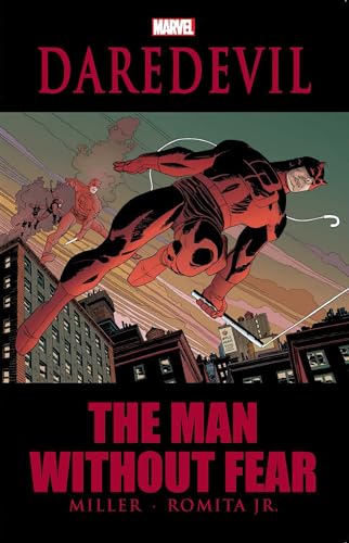 Daredevil in a red suit leaps above a city skyline on a comic cover.