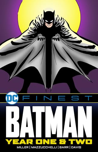Batman stands with his cape spread wide against a large yellow moon background.
