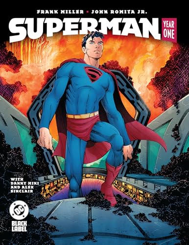Superman stands in his blue and red suit against a fiery, futuristic background.