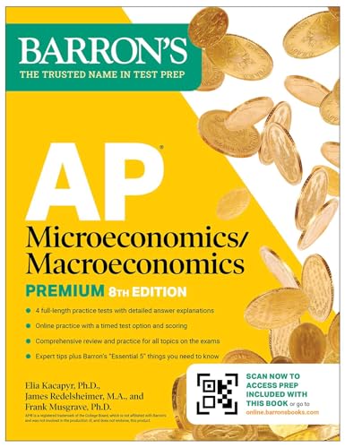 Barron's AP Microeconomics/Macroeconomics prep book cover with falling gold coins on yellow background.