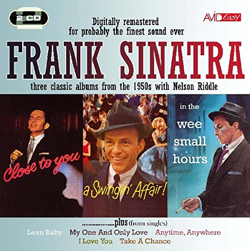 "Frank Sinatra CD cover with three photos of Sinatra singing and wearing a fedora."