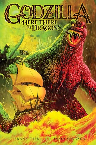 Godzilla confronts a sailing ship, depicted in a dramatic, illustrated style.