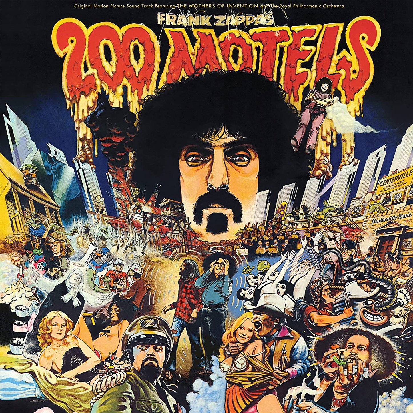 Album cover for Frank Zappa’s “200 Motels” featuring a colorful, surreal illustration.