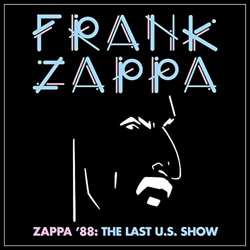 Frank Zappa album cover: black background with white and blue text, face sketch.