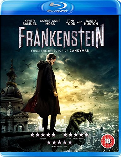 Blu-ray cover art for Frankenstein featuring a man standing on a building with gargoyles.
