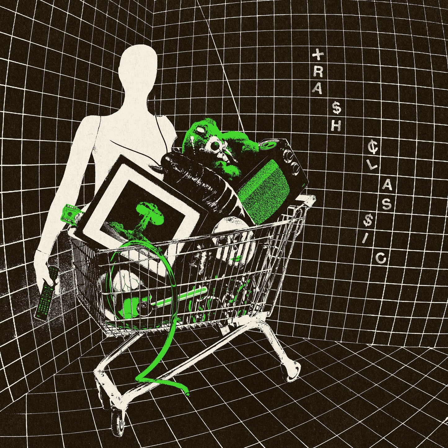Figure with shopping cart full of electronics on a grid background.