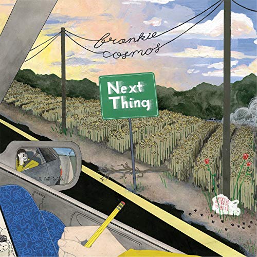 An illustrated view from a car window showing a field, road sign, and pencil.