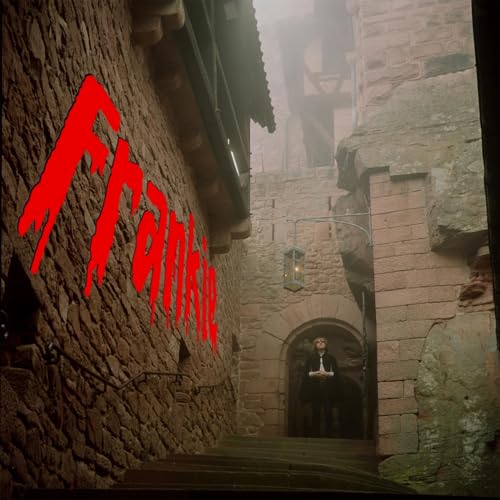 Stone building with red, dripping text and a lone figure below.
