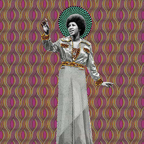 Aretha Franklin portrait with psychedelic patterned background.