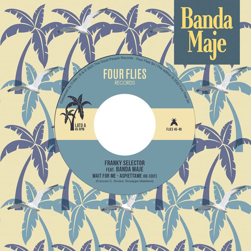 Blue vinyl record label with palm trees, birds, and text details.