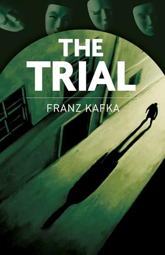 Book cover for The Trial by Franz Kafka showing masks and a long shadow.