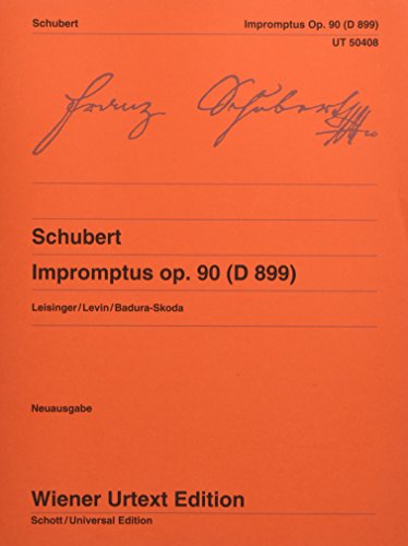 Orange sheet music cover for Schubert’s Impromptus, Op. 90, with handwritten signature.