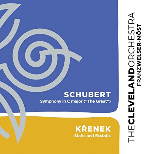 CD cover for Schubert’s “The Great” symphony, abstract blue and yellow design.
