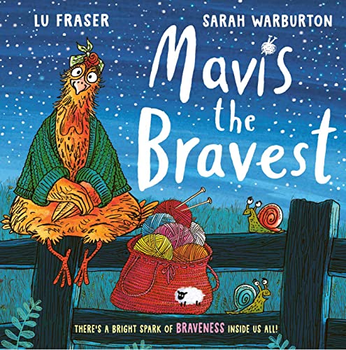 Children’s book cover featuring a colorful, illustrated chicken knitting with snails.