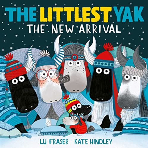Book cover illustration of five yaks wearing winter hats and scarves in the snow.