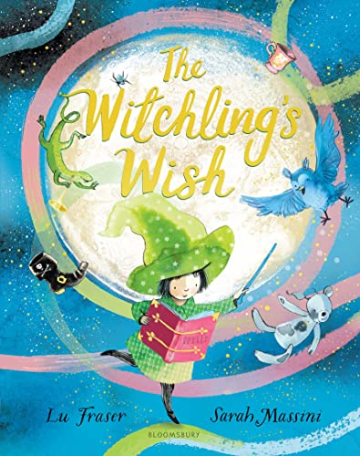 Book cover: young witch with animals, magical objects, and a moon.