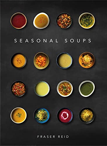 Cookbook cover displaying a grid of colorful soups in dark bowls.