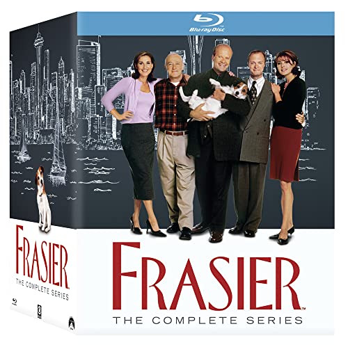 Frasier" complete series Blu-ray box set with cast photo and city skyline.