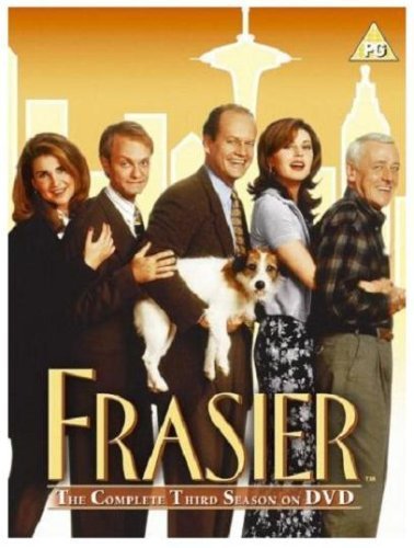 "Frasier Season 3 DVD cover with cast, dog, and Seattle skyline background."