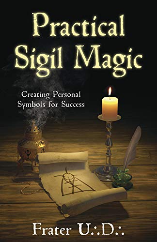 Book cover: "Practical Sigil Magic" with candle, ink, and scroll imagery.