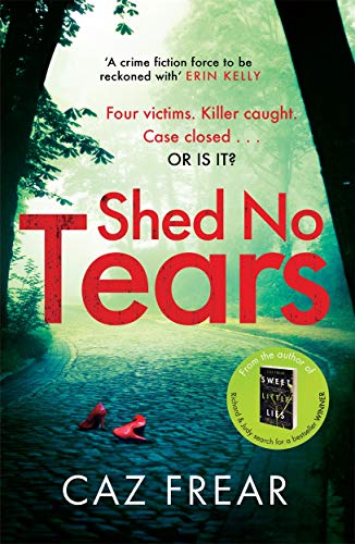 Book cover: “Shed No Tears” with red title, shoes, and leafy background.