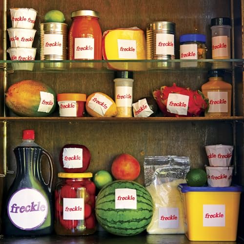Shelves filled with jars and containers labeled "freckle" and fruit.