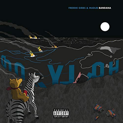 Album cover: zebra, teddy bear, city skyline, and blue lettering on black.