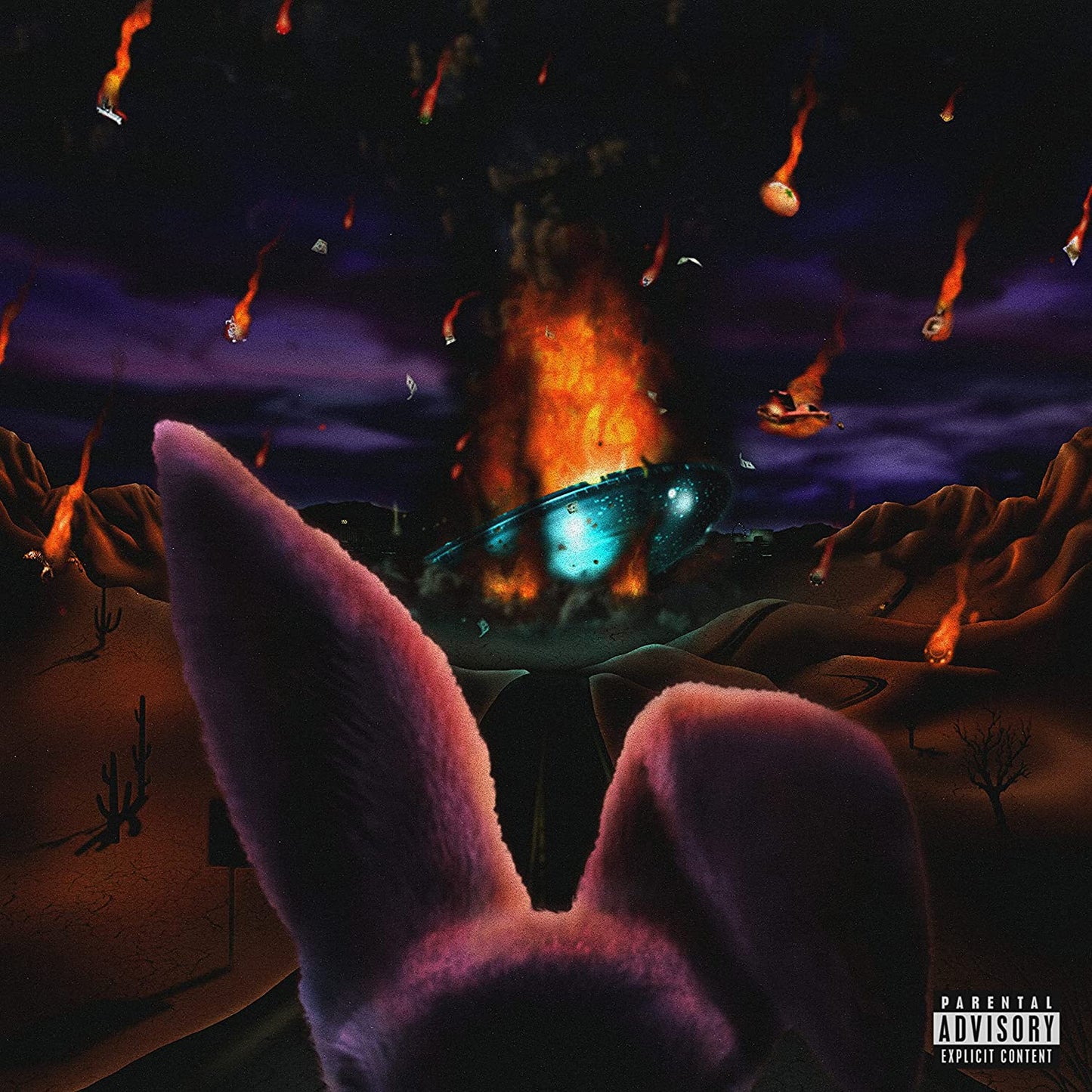 "Album cover art featuring a rabbit's head and a spaceship in a desert."